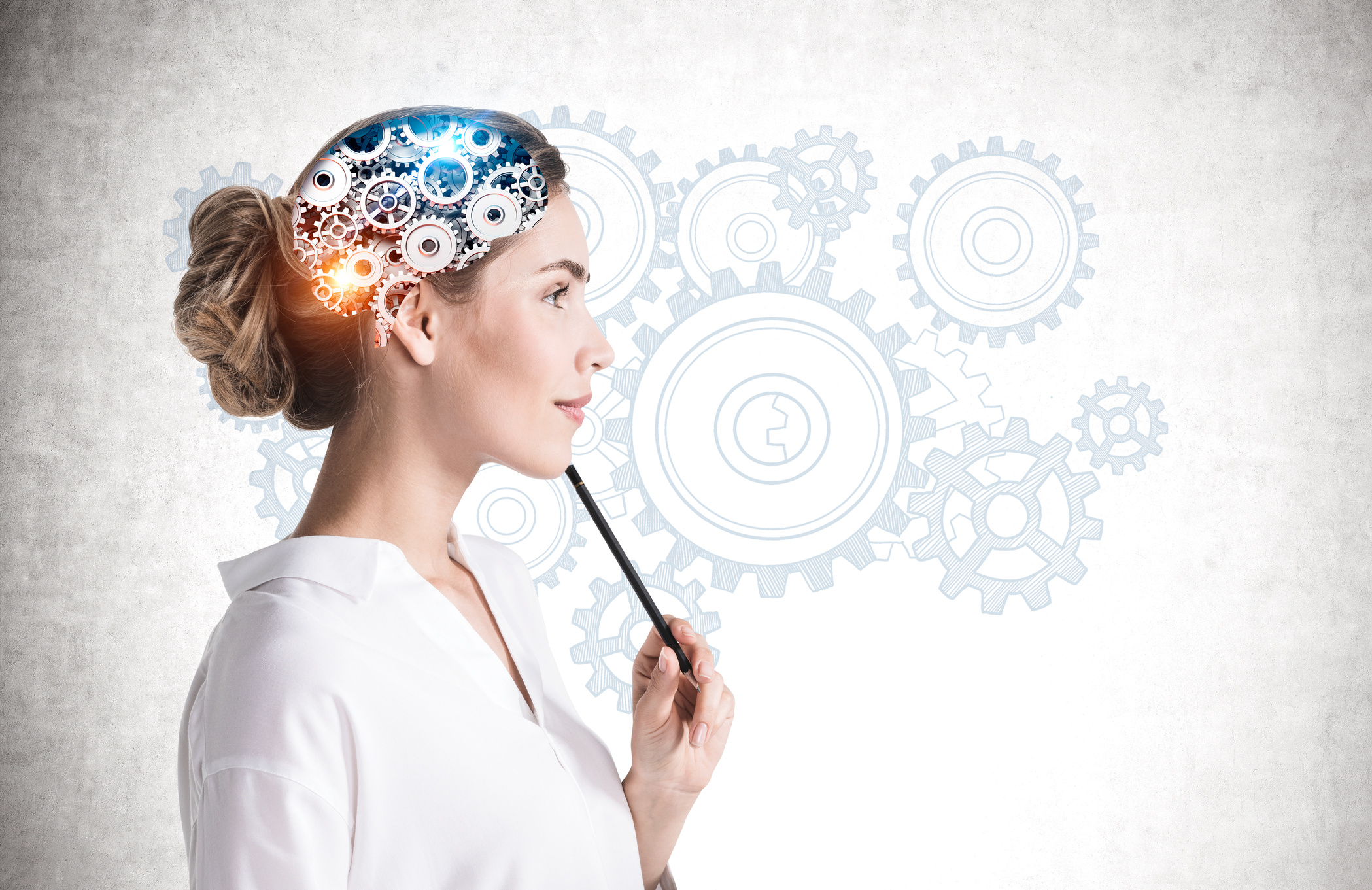 Pensive young woman and brain sketch